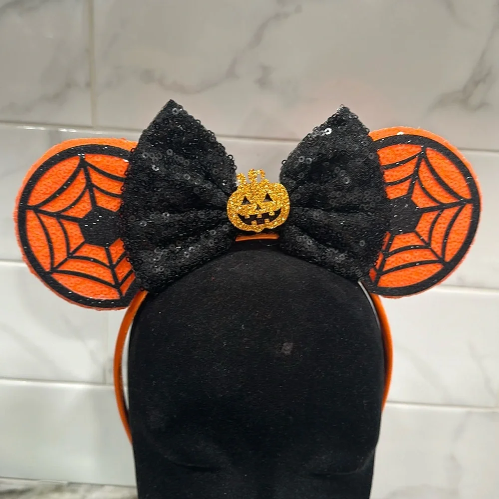 Halloween Pumpkin Minnie Mouse Sequin Ears Headband NEW Bow Spider Webs